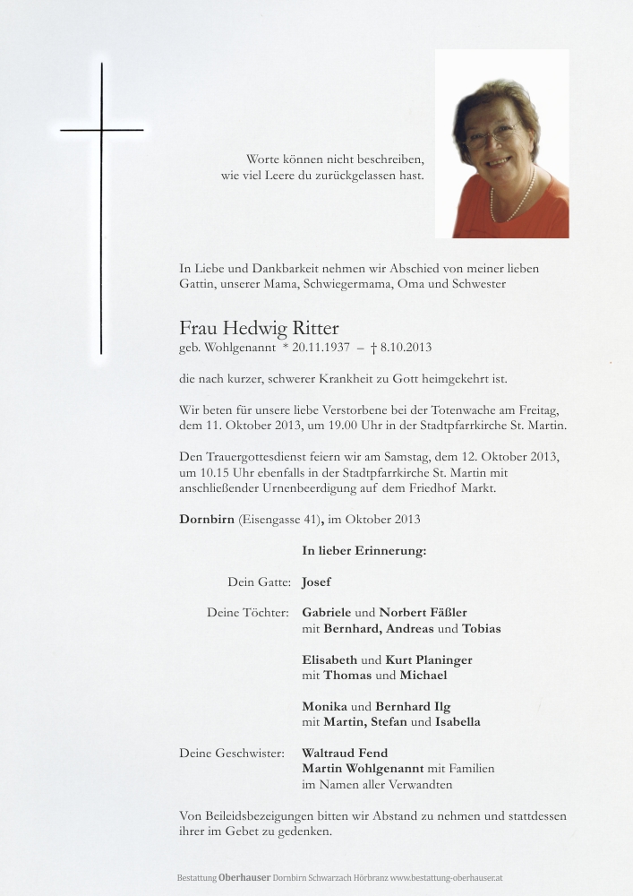 Hedwig Ritter Todesanzeige - Trauerhilfe – abschied GesmbH
